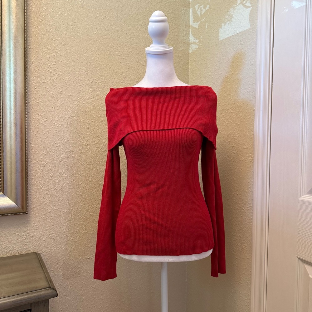 Alex Marie NWT Vibrant Red Cowl Neck Off-The-Shoulder Fine-Gauge Sweater M